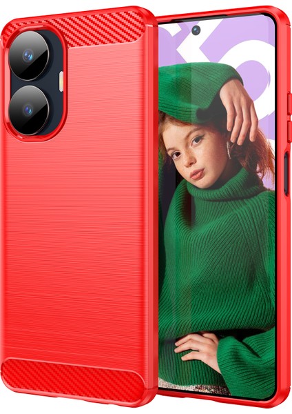 Realme C55 4g Için Karbon Fiber Dokulu Tpu Kılıf, Fırçalanmış Çizilmez Telefon Kılıfı-Kırmızı (Yurt Dışından)