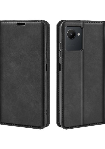 Realme C30 4g Cilt Dokunma Hissi Deri Kılıf Cüzdan Standı Manyetik Otomatik Emici Telefon Kılıfı-Siyah (Yurt Dışından)