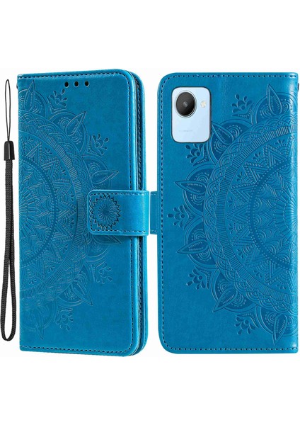 Realme C30 4g Için Mandala Çiçek Desenli Baskılı Telefon Kılıfı, Pu Deri El Kayışı Tasarımı Manyetik Düşmeye Karşı Kapak Standı Cüzdan-Mavi (Yurt Dışından)