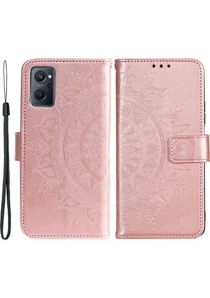 Realme 9i/oppo A36/A76 Baskılı Mandala Çiçek Pu Deri Kılıf Görüntüleme Standı Cüzdan Folio Flip Kılıf Bilek Kayışı Ile-Gül Altın (Yurt Dışından)