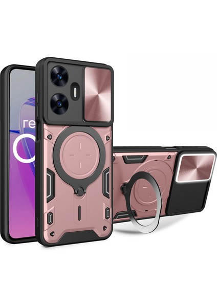 Realme C55 4g Pc+Tpu Kickstand Kılıfı Sürgülü Kamera Pencere Koruma Telefon Kılıfı-Pembe (Yurt Dışından)