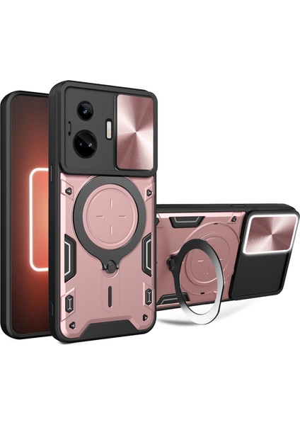 Realme Gt3 5g/gt Neo 5 5g Pc+Tpu Döndürülebilir Kickstand Kapağı Kayar Lens Koruma Darbeye Dayanıklı Telefon Kılıfı-Pembe (Yurt Dışından)