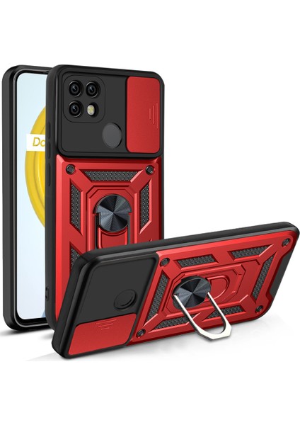 Kamera Kayar Kapak Darbeye Dayanıklı Düşme Önleyici Halka Tutucu Ayak Pc + Tpu Telefon Kılıfı Realme C21-KIRMIZI (Yurt Dışından)