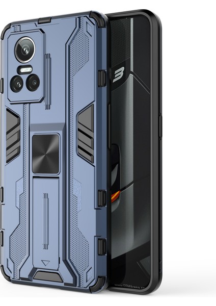 Realme Gt Neo 3 5g Darbeye Dayanıklı Kickstand Telefon Kılıfı Sert Pc Yumuşak Tpu Çift Katmanlı Koruyucu Kılıf-Mavi (Yurt Dışından)
