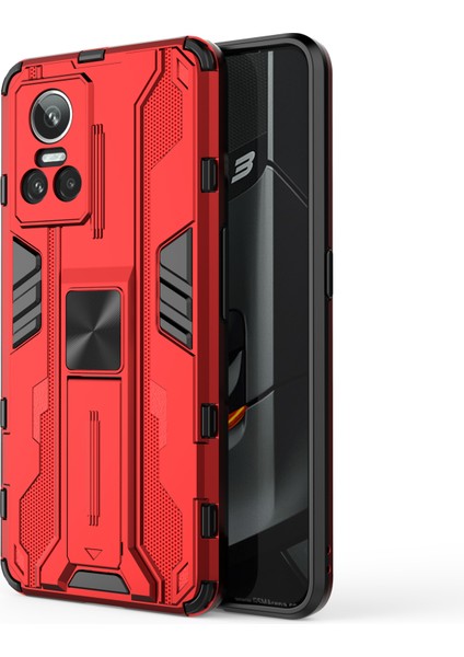 Realme Gt Neo 3 5g Darbeye Dayanıklı Kickstand Telefon Kılıfı Sert Pc Yumuşak Tpu Çift Katmanlı Koruyucu Kılıf-Kırmızı (Yurt Dışından)