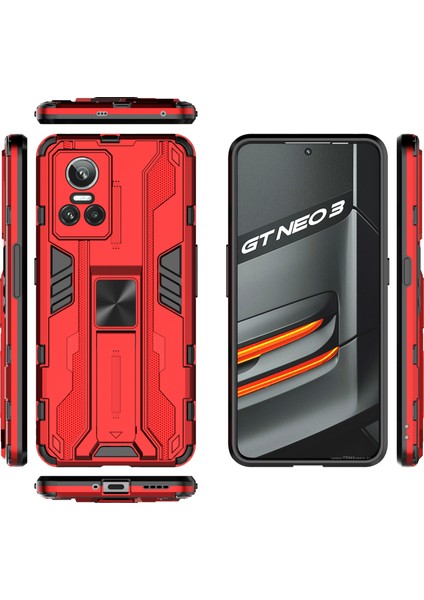 Realme Gt Neo 3 5g Darbeye Dayanıklı Kickstand Telefon Kılıfı Sert Pc Yumuşak Tpu Çift Katmanlı Koruyucu Kılıf-Kırmızı (Yurt Dışından) fırsatları