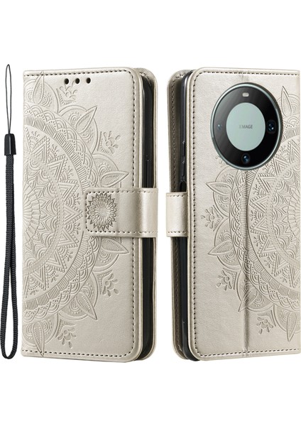 Huawei Mate 60 Cüzdan Pu Deri Telefon Kılıfı Mandala Çiçek Baskılı Stand Kapak Kayışlı-Altın (Yurt Dışından)