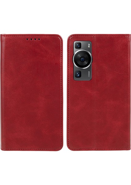 Huawei P60/P60 Pro Dana Dokusu Pu Deri Kılıf Iş Stili Cüzdan Standı Telefon Kılıfı-Kırmızı (Yurt Dışından)