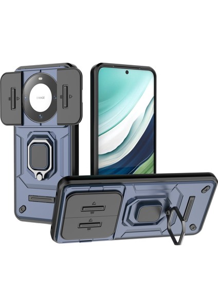 Huawei Mate 60 Kılıf Kickstand Darbeye Dayanıklı Telefon Kılıfı Sürgülü Lens Koruyucu-Mavi (Yurt Dışından)