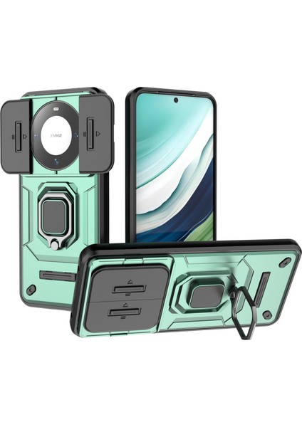 Huawei Mate 60 Kılıf Kickstand Darbeye Dayanıklı Telefon Kılıfı Sürgülü Lens Koruyucu-Yeşil (Yurt Dışından)