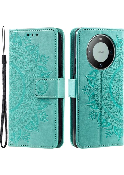Huawei Mate 60 Cüzdan Pu Deri Telefon Kılıfı Mandala Çiçek Baskılı Stand Kapak Askılı-Yeşil (Yurt Dışından)