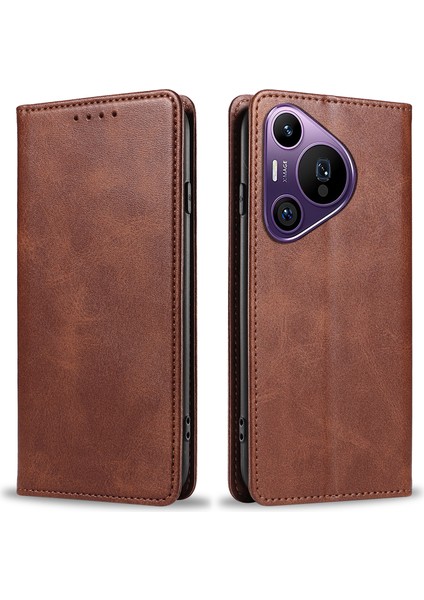 Huawei Pura 70 Pro/pura 70 Pro+Kılıf Deri Dana Dokulu Telefon Kılıfı Manyetik Emilim-Kahverengi (Yurt Dışından)