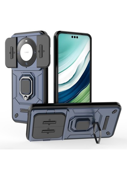 Huawei Mate 60 Pro Kılıf Kickstand Darbeye Dayanıklı Telefon Kılıfı Sürgülü Lens Koruyucu-Mavi (Yurt Dışından)