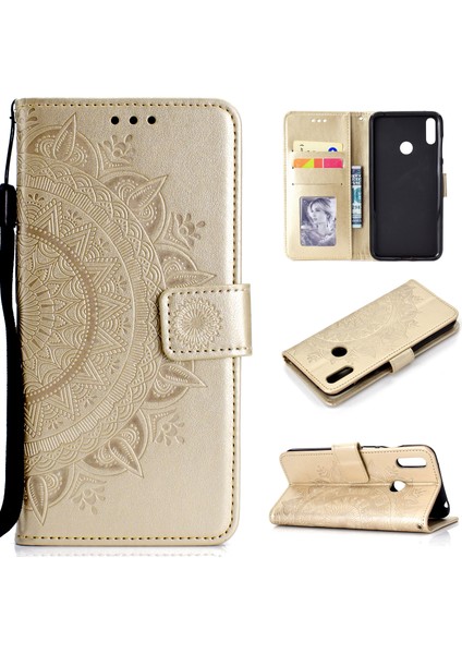 Huawei Y7(2019) Için Imprint Flower Deri Cüzdan Kılıf-Altın (Yurt Dışından)