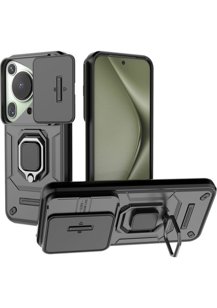 Huawei Pura 70 Ultra Kılıf Kickstand Darbeye Dayanıklı Sağlam Pc+Tpu Telefon Kılıfı Kamera Koruması-Siyah (Yurt Dışından)