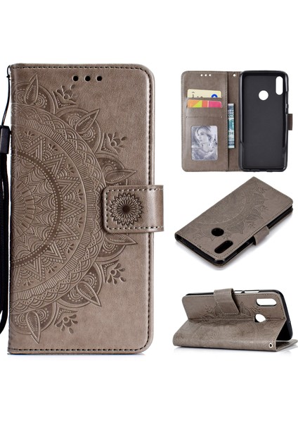Huawei P Smart (2019)/HONOR 10 Lite-Gri Için Imprint Flower Deri Cüzdan Kılıf (Yurt Dışından)