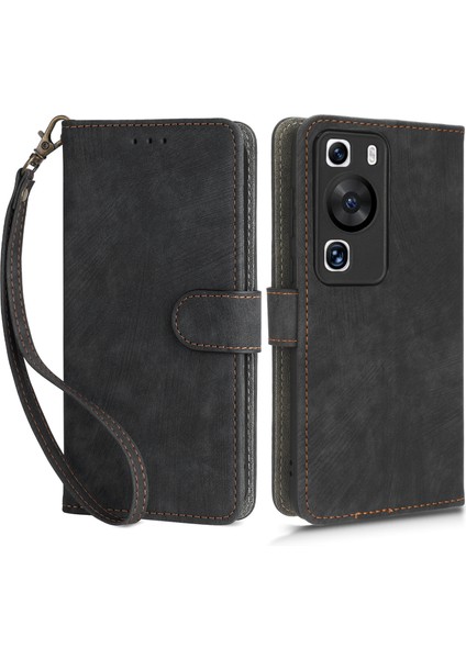 Huawei P60/P60 Pro Için Çarpışma Önleyici Stand Kılıfı Rfıd Engelleme Cüzdan Deri Kılıf Kayışlı-Siyah (Yurt Dışından)
