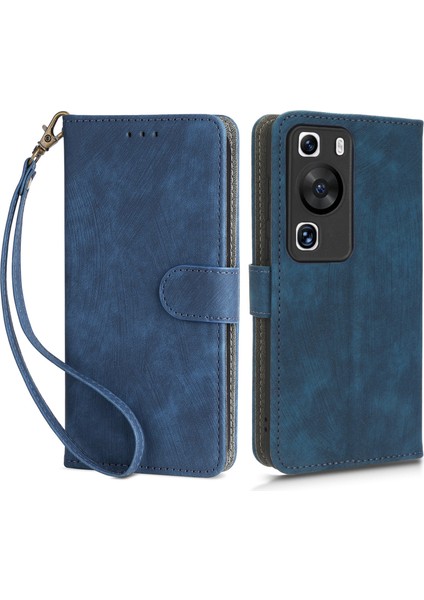 Huawei P60/P60 Pro Için Çarpışma Önleyici Stand Kılıfı Rfıd Engelleme Cüzdan Deri Kılıf Kayışlı-Mavi (Yurt Dışından)