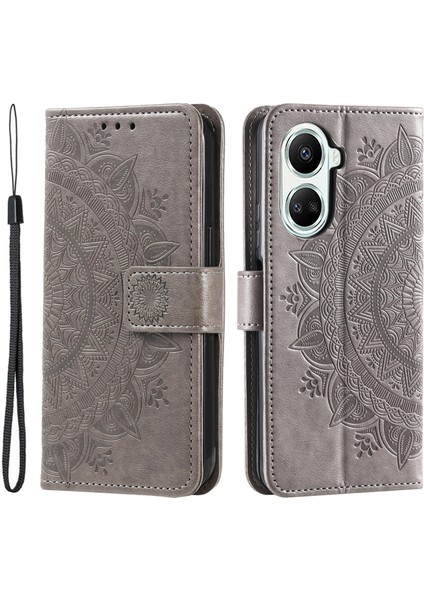 Huawei Nova 10 Se 4g Darbeye Dayanıklı Baskılı Mandala Çiçek Telefon Kılıfı Düşmeye Karşı Cüzdan Standı Askılı Kapak-Gri (Yurt Dışından)