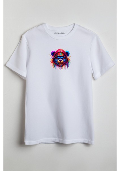 Kapşonlu Renkli Ayı Baskılı Unisex T-Shirt Beyaz