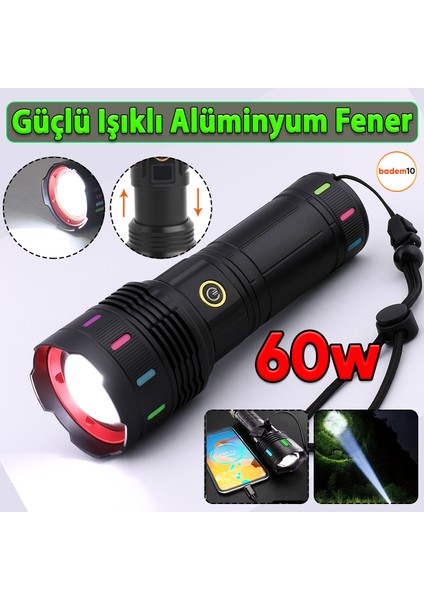 2500 Lümen Şarjlı Powerbank LED El Feneri Süper Parlak 60W Uzun Menzilli Su Geçirmez Ev Kamp Fener