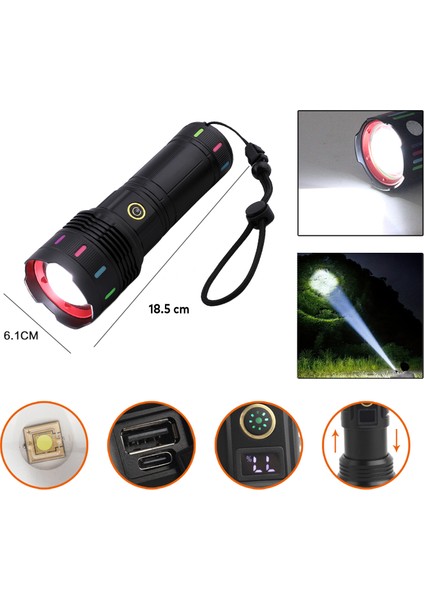 2500 Lümen Şarjlı Powerbank LED El Feneri Süper Parlak 60W Uzun Menzilli Su Geçirmez Ev Kamp Fener