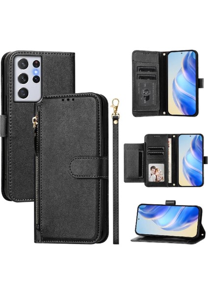 Samsung Galaxy S21 Ultra 5g Için Flip Case Fermuar Pu Deri Manyetik (Yurt Dışından)