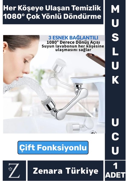Kolay Montaj Metal Görünümlü 1080 Derece Dönebilen Çift Modlu Su Akışı Akrobat Musluk Ucu Başlığı