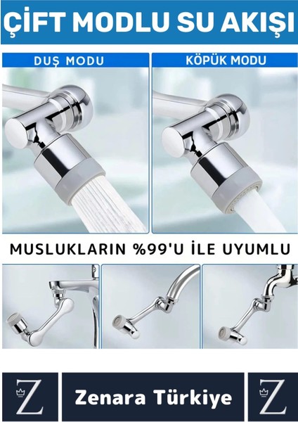 Kolay Montaj Metal Görünümlü 1080 Derece Dönebilen Çift Modlu Su Akışı Akrobat Musluk Ucu Başlığı fırsatları