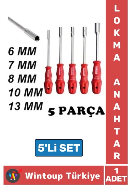 Premium Ergonomik Kaymaz Kauçuk Sap Lokma Anahtar Tornavida 6/7/8/10/13/mm 5'li Set