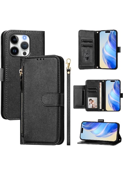 IPhone 14 Için Flip Case Pro Max Pu Deri Manyetik Fermuar Kart Tutucu (Yurt Dışından)