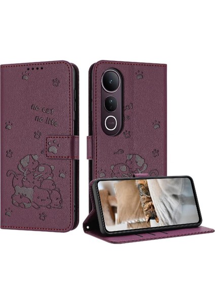 Vivo V50 Lite Için Flip Case Sevimli Kedi Pu Deri Deri Cüzdan Kart (Yurt Dışından)