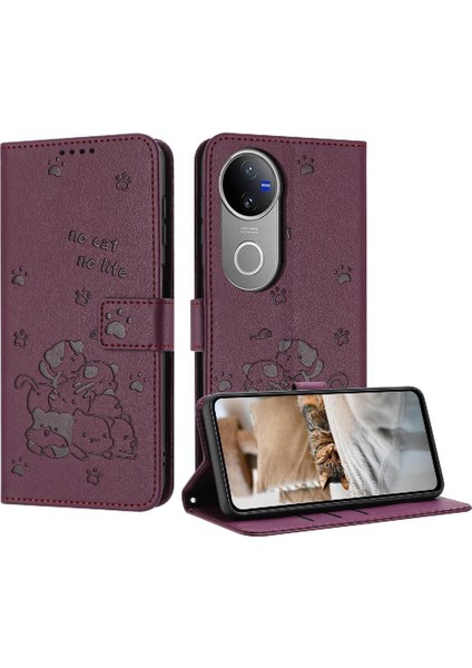 Vivo V50 5g Sevimli Kedi Kart Tutucu Için Flip Case Kickstand Deri Cüzdan (Yurt Dışından)