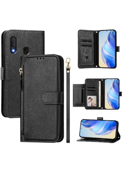 Samsung Galaxy A20E Fermuar Kart Tutucu Pu Deri Manyetik Için Flip Case (Yurt Dışından)