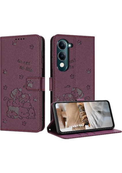 Vivo Y29S 5g Kart Tutucu Için Flip Case Kickstand Sevimli Kedi Pu Deri (Yurt Dışından)