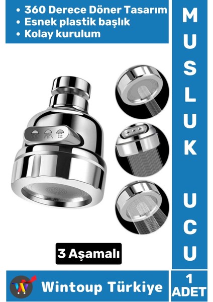 Yüksek Kaliteli Kolay Kurulum 360 Derece Döner Esnek Başlık 3 Aşamalı Mutfak Lavabo Krom Musluk Ucu