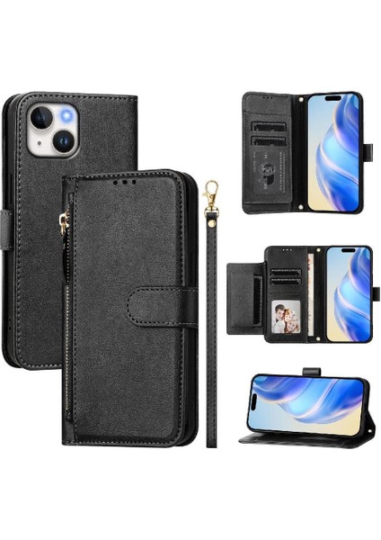 IPhone 14 Için Flip Case Kart Tutucu Fermuar Pu Deri Manyetik (Yurt Dışından)