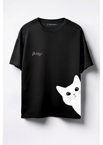 Beyaz Kedi Meow Baskılı Unisex Oversize T-Shirt Siyah