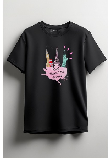 Lets Travel The World - London, Paris, New York Baskılı Unisex T-Shirt Siyah