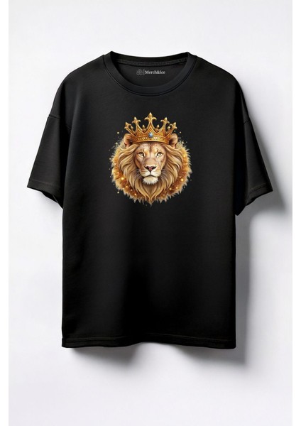 Aslan Kral Baskılı Unisex Oversize T-Shirt Siyah