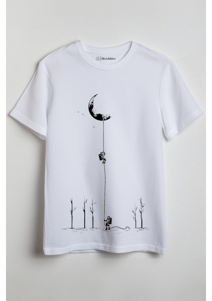 Aydan Inen Astronot Baskılı Unisex T-Shirt Beyaz