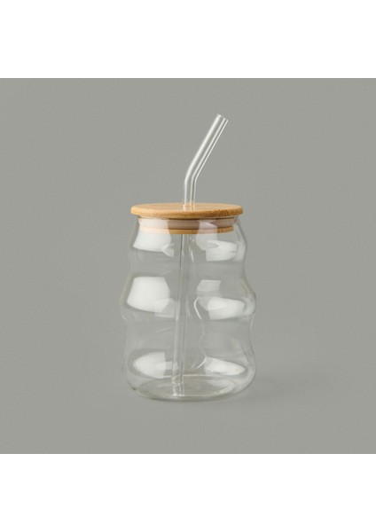 Paçi Bambu Kapaklı Pipetli Bardak - Açık Kahverengi / Şeffaf - 450 ml