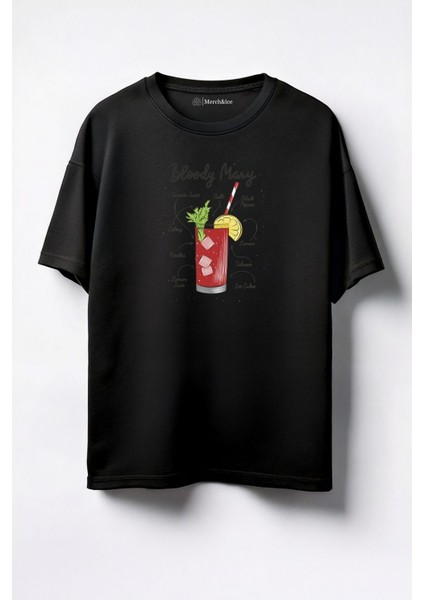 Tarifli Bloody Mary Baskılı Unisex Oversize T-Shirt Siyah