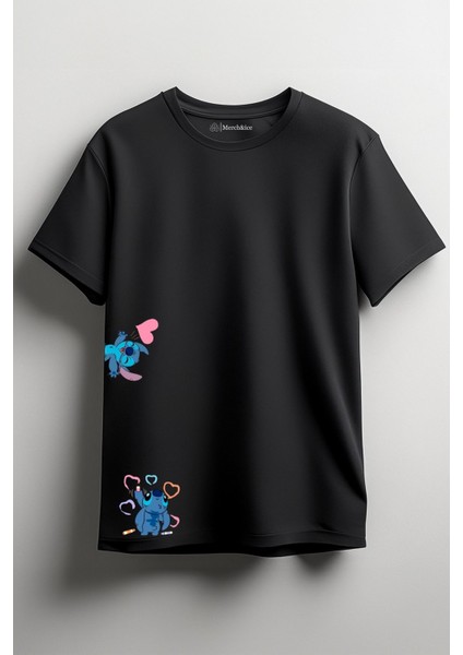 Resim Yapan Stitch Baskılı Unisex T-Shirt Siyah