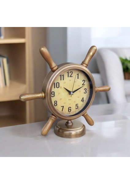 Altın Eskitme Metal Denizci Dümen Masa Saati 33X36 cm