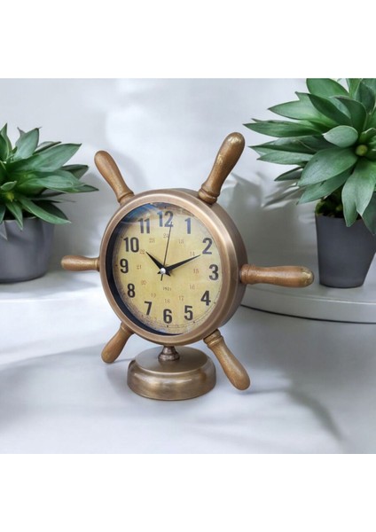 Altın Eskitme Metal Denizci Dümen Masa Saati 33X36 cm fiyatları