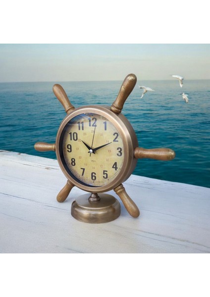 Altın Eskitme Metal Denizci Dümen Masa Saati 33X36 cm modelleri