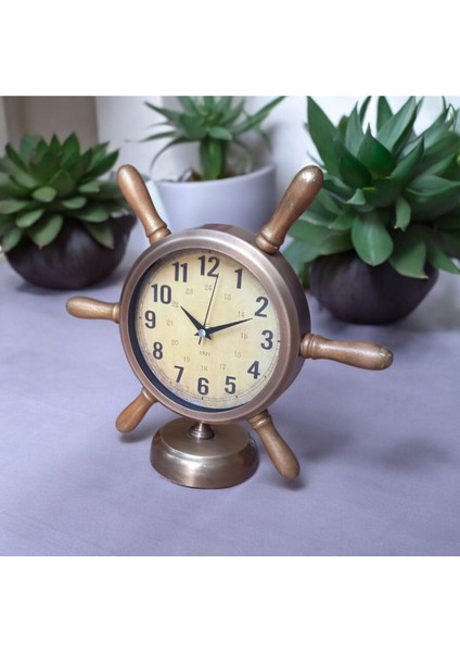 Altın Eskitme Metal Denizci Dümen Masa Saati 33X36 cm fırsatları