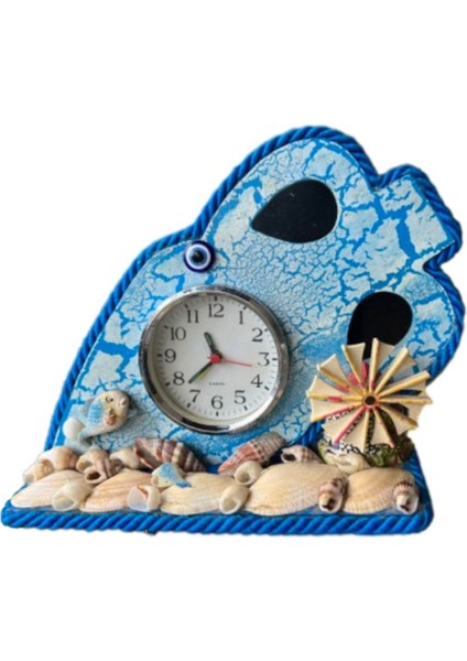 El Yapımı Ahşap Masa Saati, Deniz Kabukları ve Mavi-Beyaz Detaylar modelleri