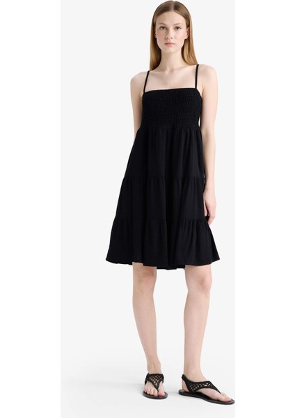 Coool Askılı Krinkıl Kumaş Siyah Mini Elbise F7225AX25SM